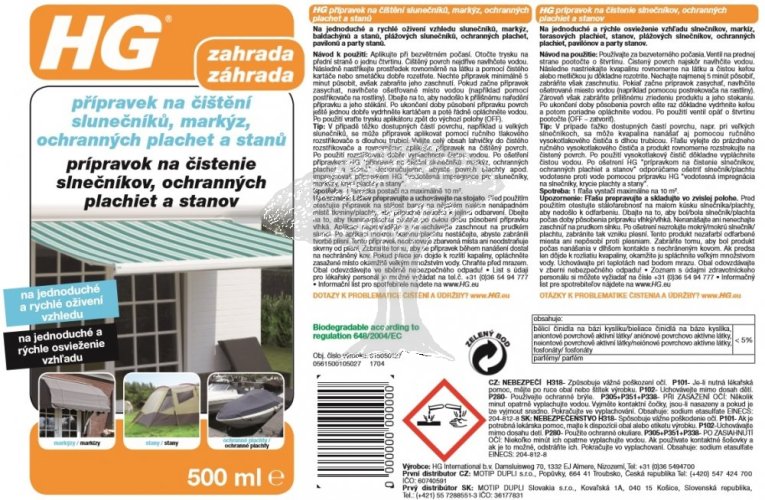 HG 61505 Přípravek na čištění slunečníků, markýz, ochranných plachet a stanů 500ml